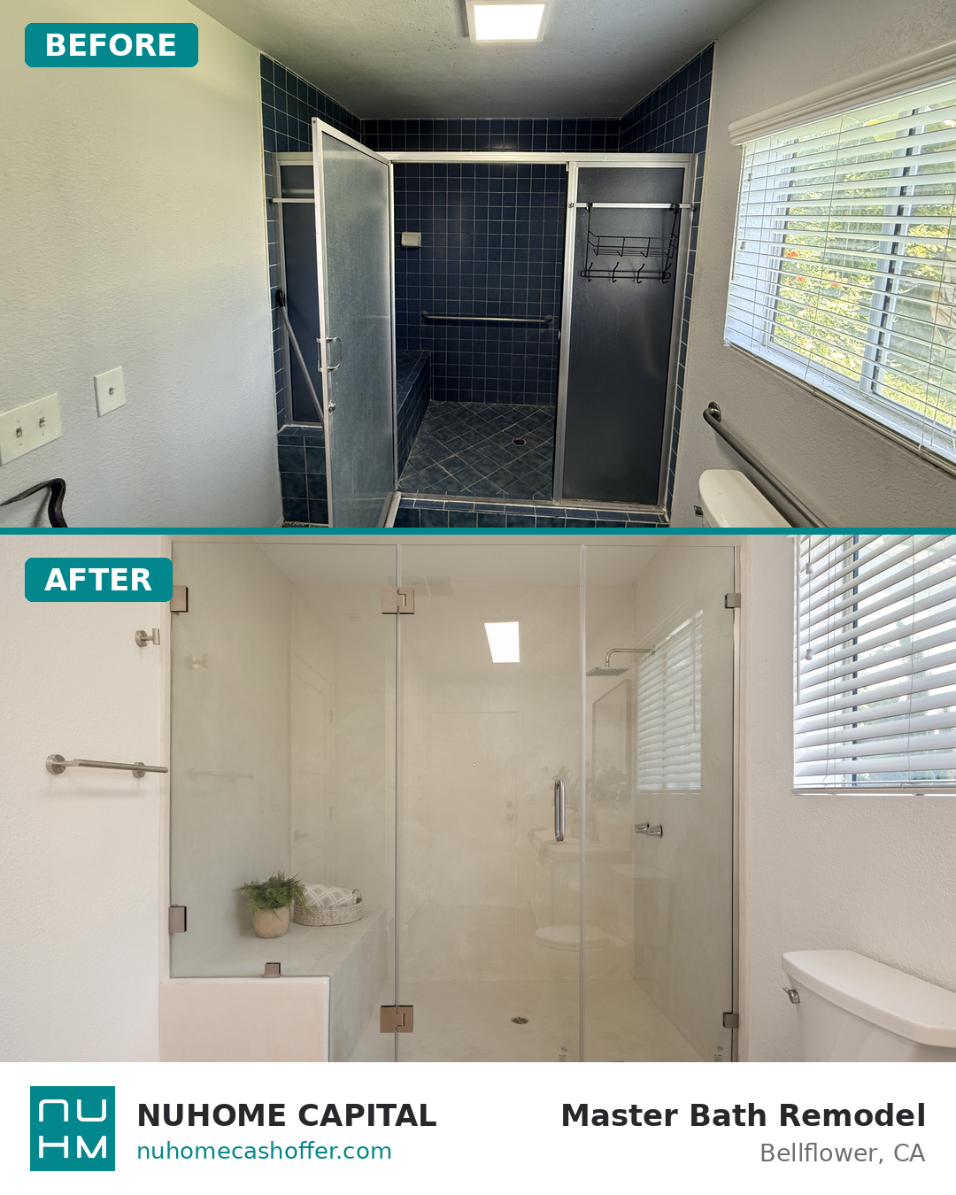 Bellflower CA master bath remodel before and after &mdash; Nuhome Capital